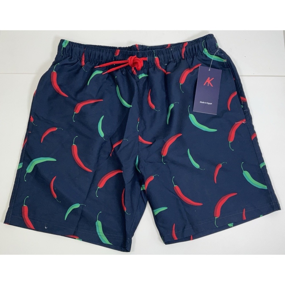 NWT Men's AK Quality Wear Lined Swim Trunks Navy Green & Red Chili Peppers - M‎